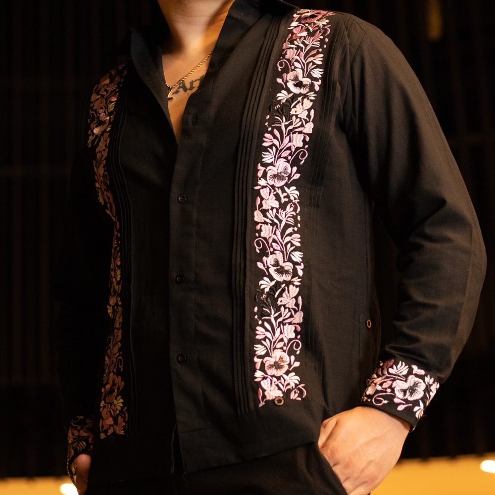 Black Guayabera for Men Dress Shirt Long Sleeve Pink Embroidery Colors